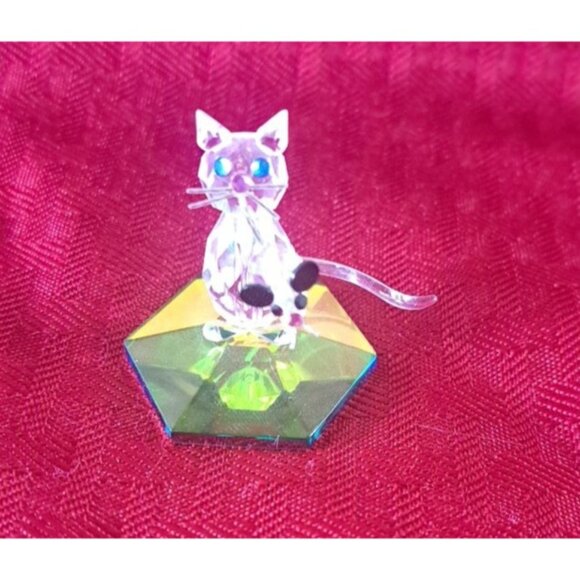 Crystal Cat With Mouse Tail in Mouth Figure Blue Eyes Black Accents Faceted - Picture 2 of 7